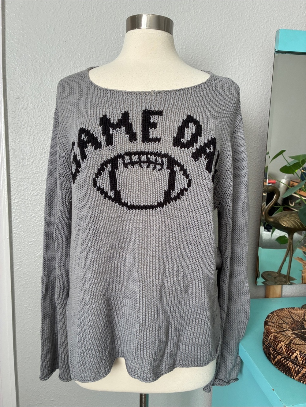 Wooden Ships Gray "Game Day” Oversized Knit Sweater Football Motif Medium/Large